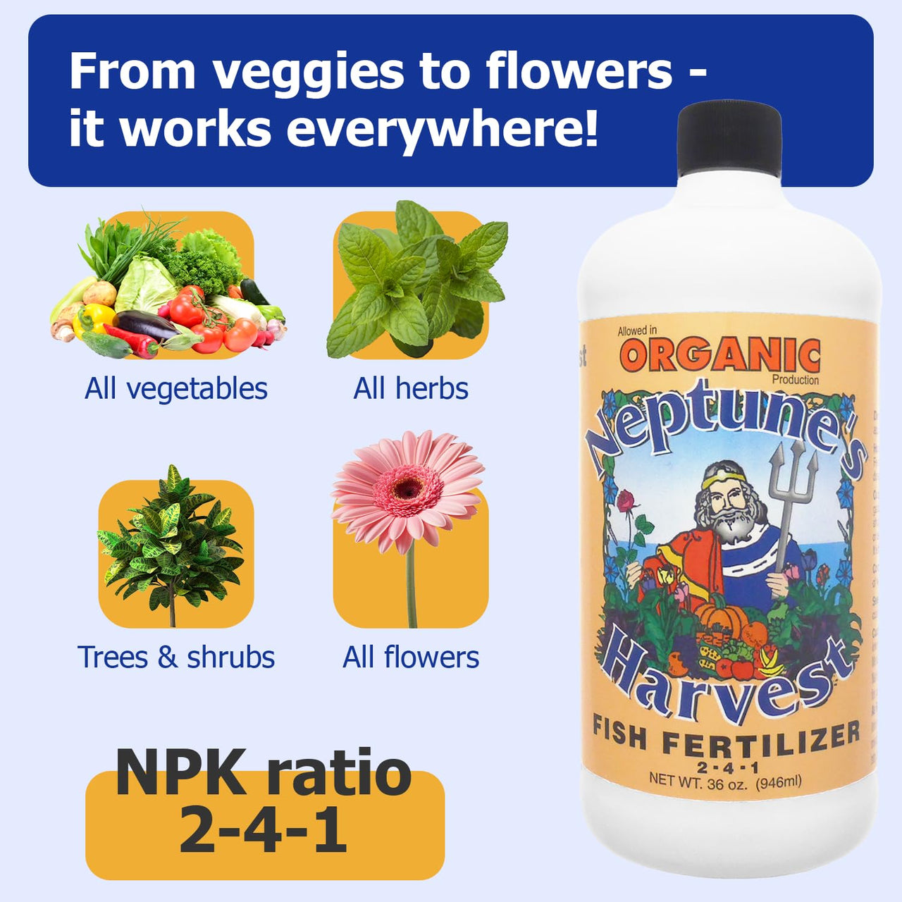 Neptune's Harvest Fish Fertilizer (2-4-1) - 36oz Bottle - Organic Liquid Plant Fertilizer - Fish Hydrolysate for Vegetables, Flowers, Fruit, Trees, Grass - Indoor and Outdoor Plant Food