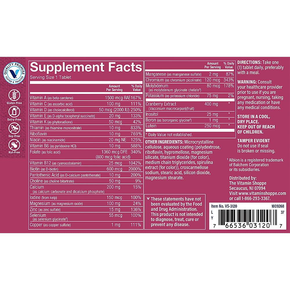 The Vitamin Shoppe Once Daily Women's Multivitamin with No Iron | 2,000IU Vitamin D3, Multi-Mineral Supplement | Supports Energy Production, Cardiovascular, Immune Health (180 Tablets)