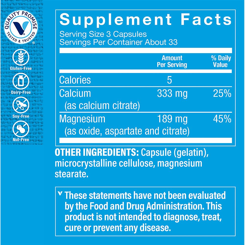 Calcium Citrate & Magnesium – Mineral Essential for Healthy Bones & Teeth – Well Absorbed Form of Chelated Calcium, 189mg Per Serving of Magnesium (100 Capsules) by The Vitamin Shoppe