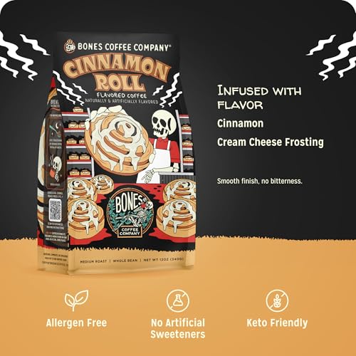 Image 3 of Bones Coffee Company Cinnamon Roll Flavored Coffee, Medium Roast Low Acid Arabica Beans Compatible with Auto drip and French Press Coffee Maker, 12 Oz Ground