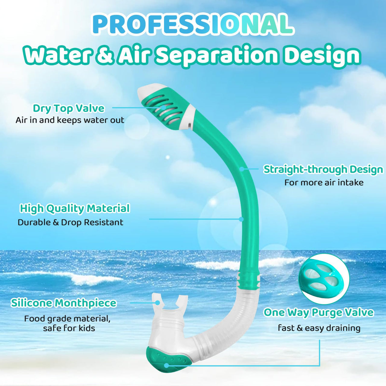 Vvinca Snorkel Set for Kids 3-14, Dry Top Snorkeling Gear for Boys Girls Youth, Panoramic View Swim Goggles with Nose Cover & Anti-Fog Lens, Junior Scuba Diving Mask with Adjustable Soft Fabric Strap