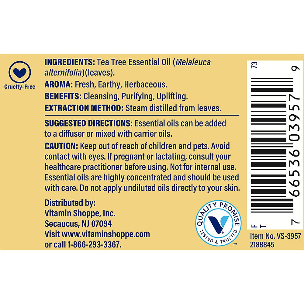 The Vitamin Shoppe Tea Tree Essential Oil - Natural Skincare & Aromatherapy | 100% Pure Australian Melaleuca | 1 oz | Therapeutic Grade