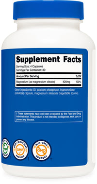 Thumbnail for Nutricost Magnesium Citrate 420mg, 120 Veggie Capsules - 30 Servings, Gluten Free, Non-GMO Supplement