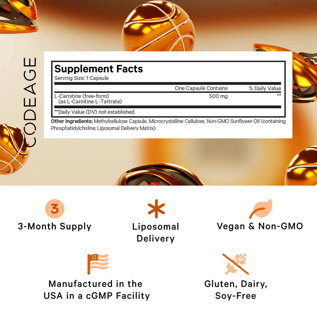 Codeage Liposomal L-Carnitine+ Supplement - 500 mg L-Carnitine L-Tartrate per Serving - Free-Form Amino Acid - Carnitine - Liposomal Delivery - Vegan, Non-GMO, Gluten-Free - 90 Capsules