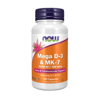 Thumbnail for NOW Supplements, Mega D-3 & MK-7, 5000 IU / 180 mcg, Bone & Cardiovascular Support*, Vitamins K-3 & K-2, 120 Capsules