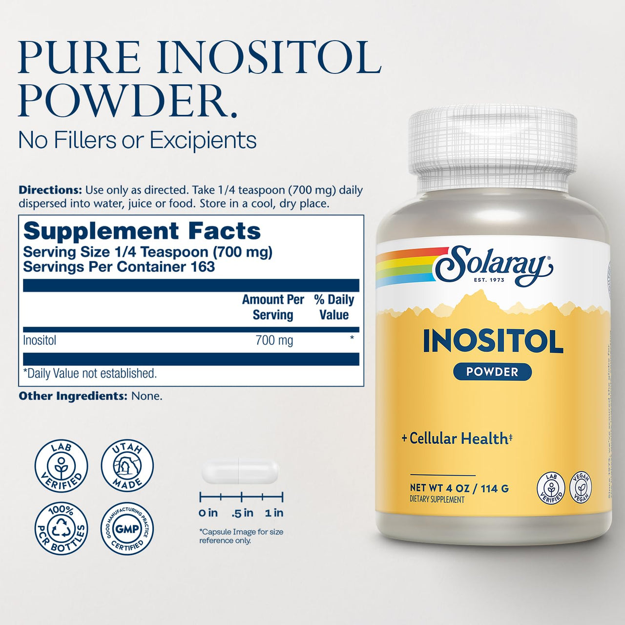 SOLARAY Pure Inositol Powder - Cellular Health Support - Vegan, Lab Verified - 163 Servings, 4 OZ (4oz, 162 Serv.)