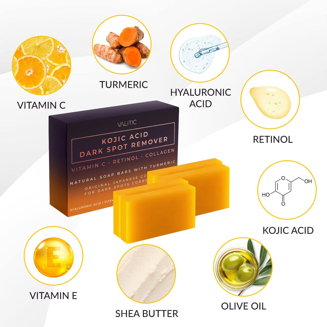 VALITIC Kojic Acid Dark Spot Remover Soap Bars with Vitamin C, Retinol, Collagen, Turmeric