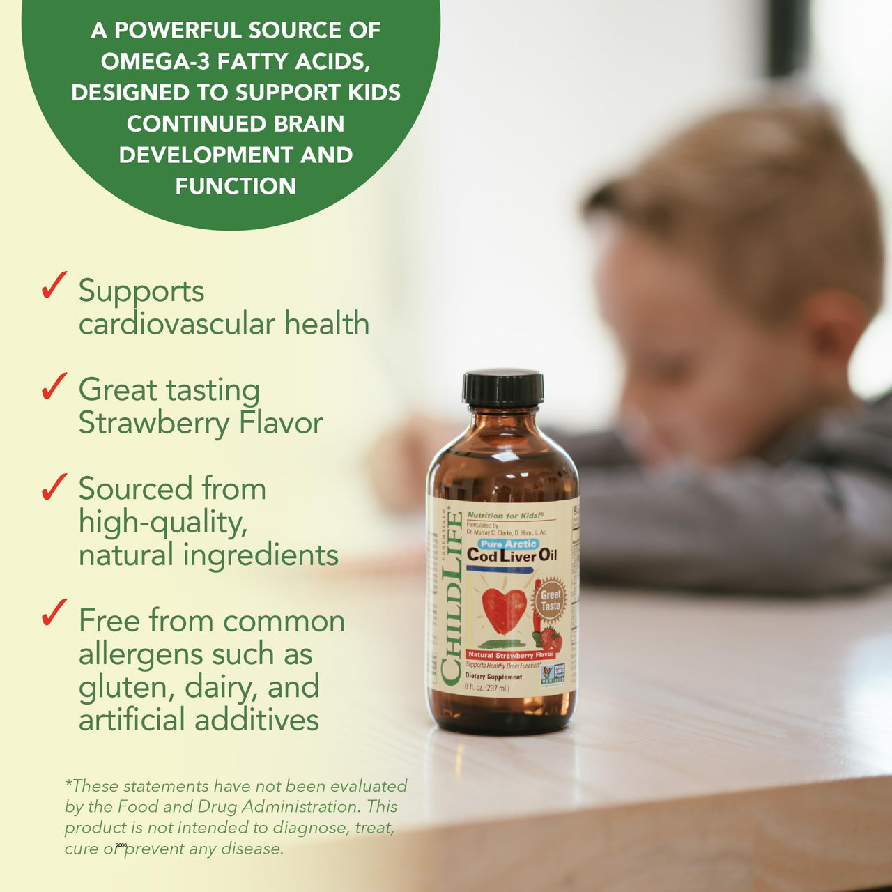 CHILDLIFE Essentials Cod Liver Oil for Kids - Liquid Arctic Cod Liver Oil for Babies 6+ Months, Toddlers, & Kids, Added DHA, EPA, Omega-3 Fatty Acids - Strawberry, 8 fl oz