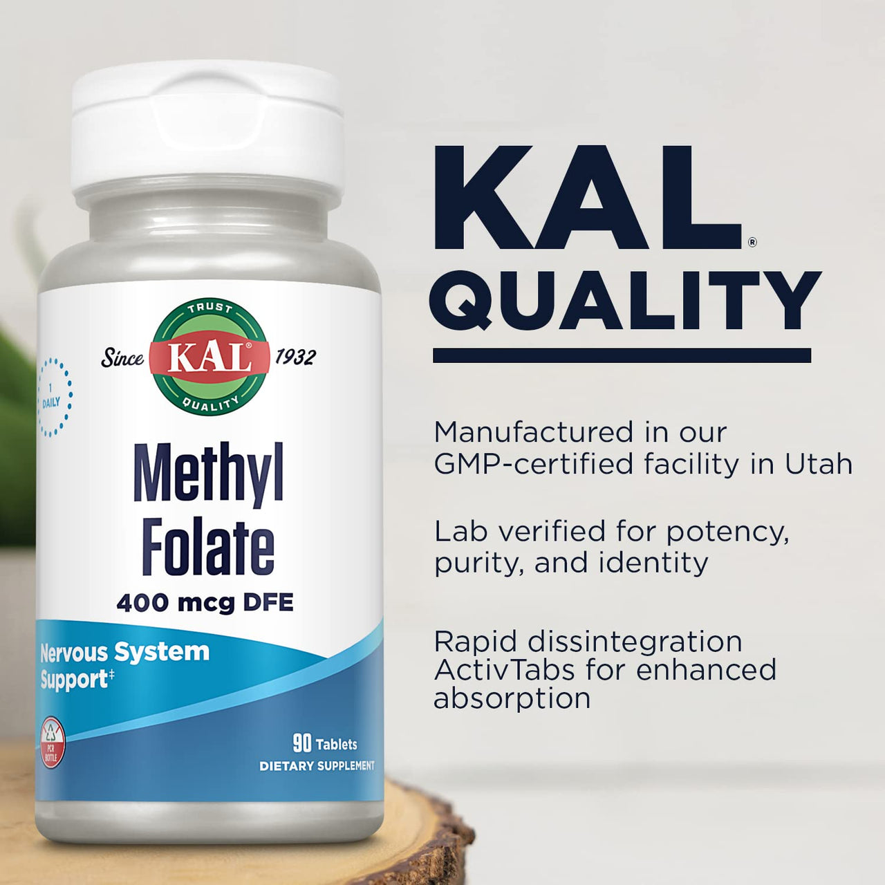 KAL Methyl Folate 400 mcg DFE, 5-MTHF Active Form Vitamin B9, Folic Acid Supplement, Heart Health, Prenatal, Mood and Brain Support, Fast Dissolving ActivTab, 60-Day Guarantee, 90 Servings, 90 Tablets