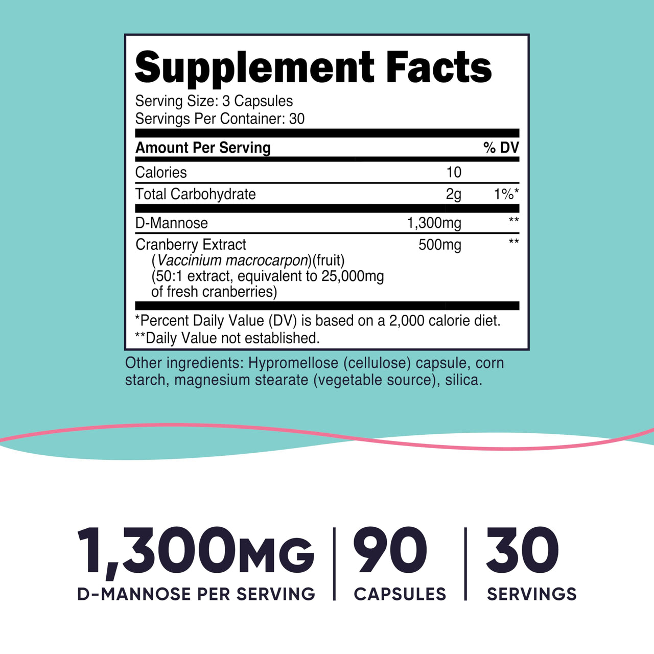 Nutricost D-Mannose 1300mg with Cranberry Extract for Women 25,000mg Equivalent from 500mg of 50:1 Extract Per Serving, 90 Capsules for 30 Servings Per Bottle - Vegan, GMO Free and Gluten Free