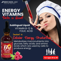 Thumbnail for Bricker Labs B-12 Blast Liquid Vitamin B12 and Folic Acid Supplement, Support Energy Production, Great Tasting Liquid Vitamin B12 Dietary Supplement in Natural Raspberry Flavor, 2 fl oz Bottle