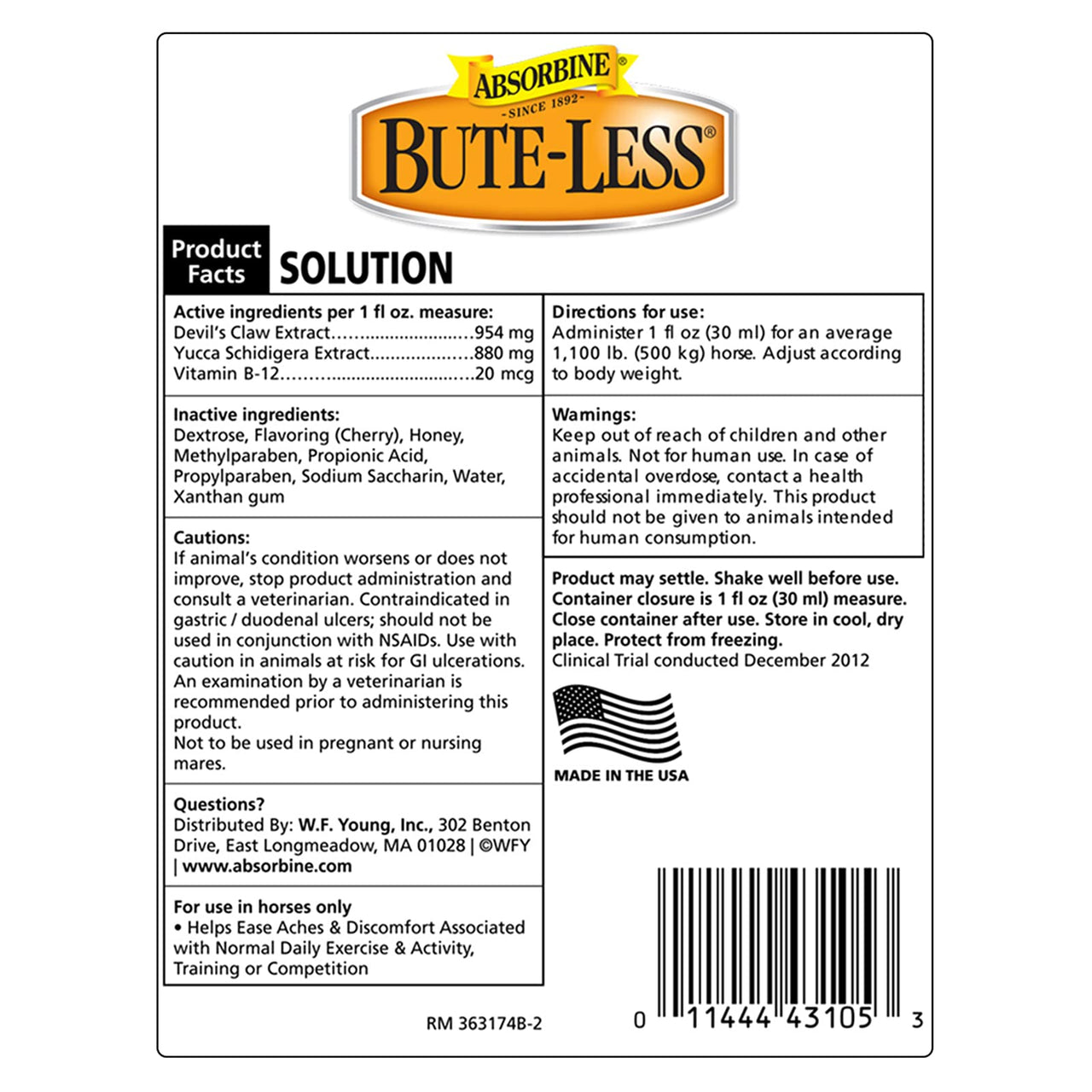 Absorbine Bute-Less Long-Term Horse Comfort & Recovery Supplement Solution, Gentle on Stomach, Devil's Claw, Vitamin B-12, Yucca, 32oz / 32 Day Supply