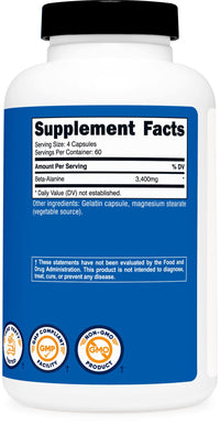 Thumbnail for Nutricost Beta-Alanine Capsules 3400mg, 240 Capsules (60 Serv) - Potent Beta Alanine, Gluten Free & Non-GMO, 850mg Per Cap