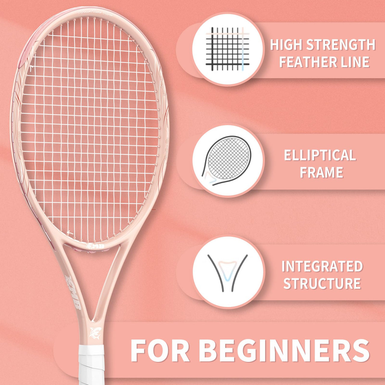 MBFISH Tennis Racket - Super Value Set with Pre-Strung, Comfortable Handle, 27'' Tennis Racquet for Adults, Includes 3 Tennis Balls, 2 Overgrips and 1 Tennis Bag Coral Pink