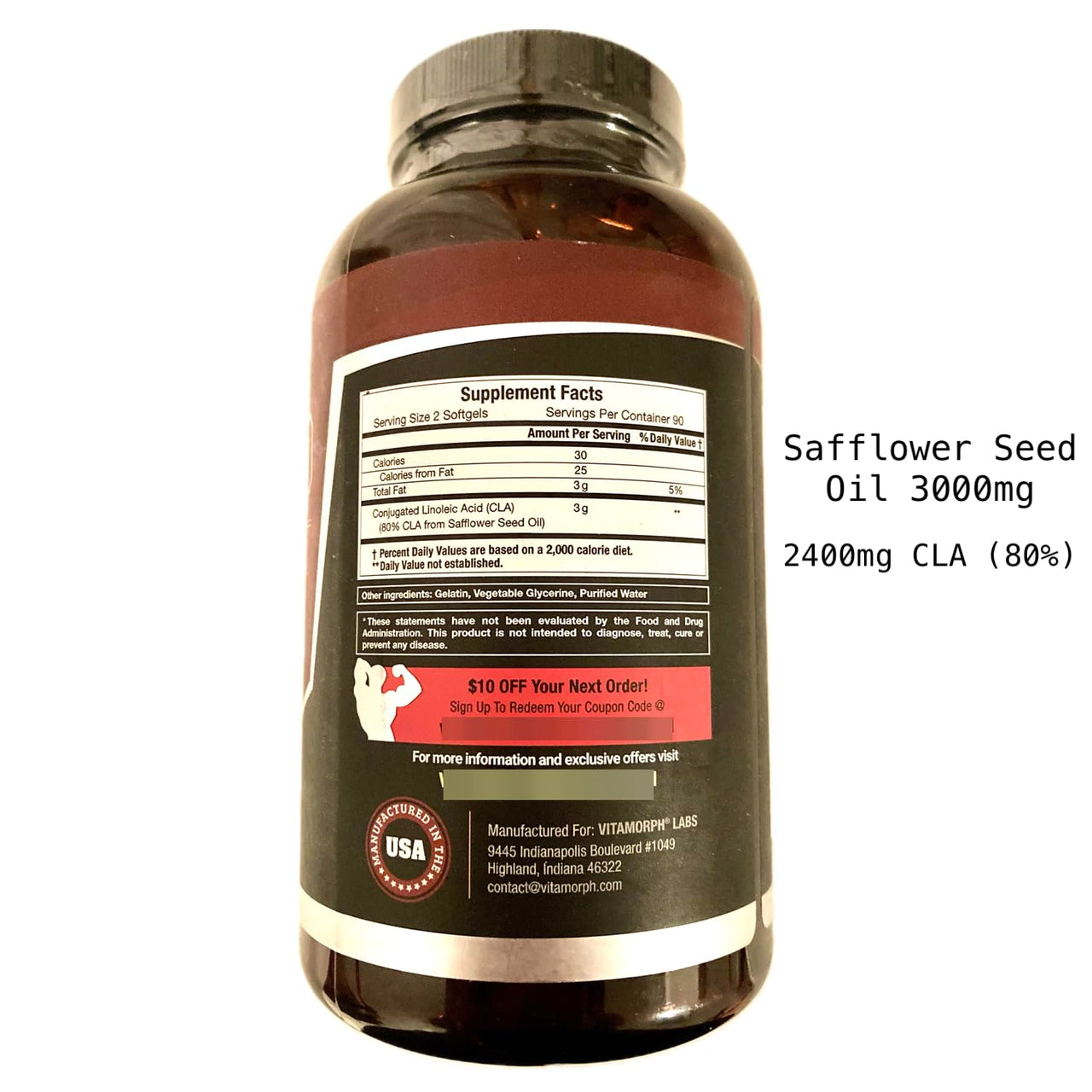 CLA 3000 - CLA Safflower Oil for Metabolism and Weight Loss Management, Maximum Strength Conjugated Linoleic Acid, Stimulant-Free Non-GMO Safflower Cla 180 Softgels