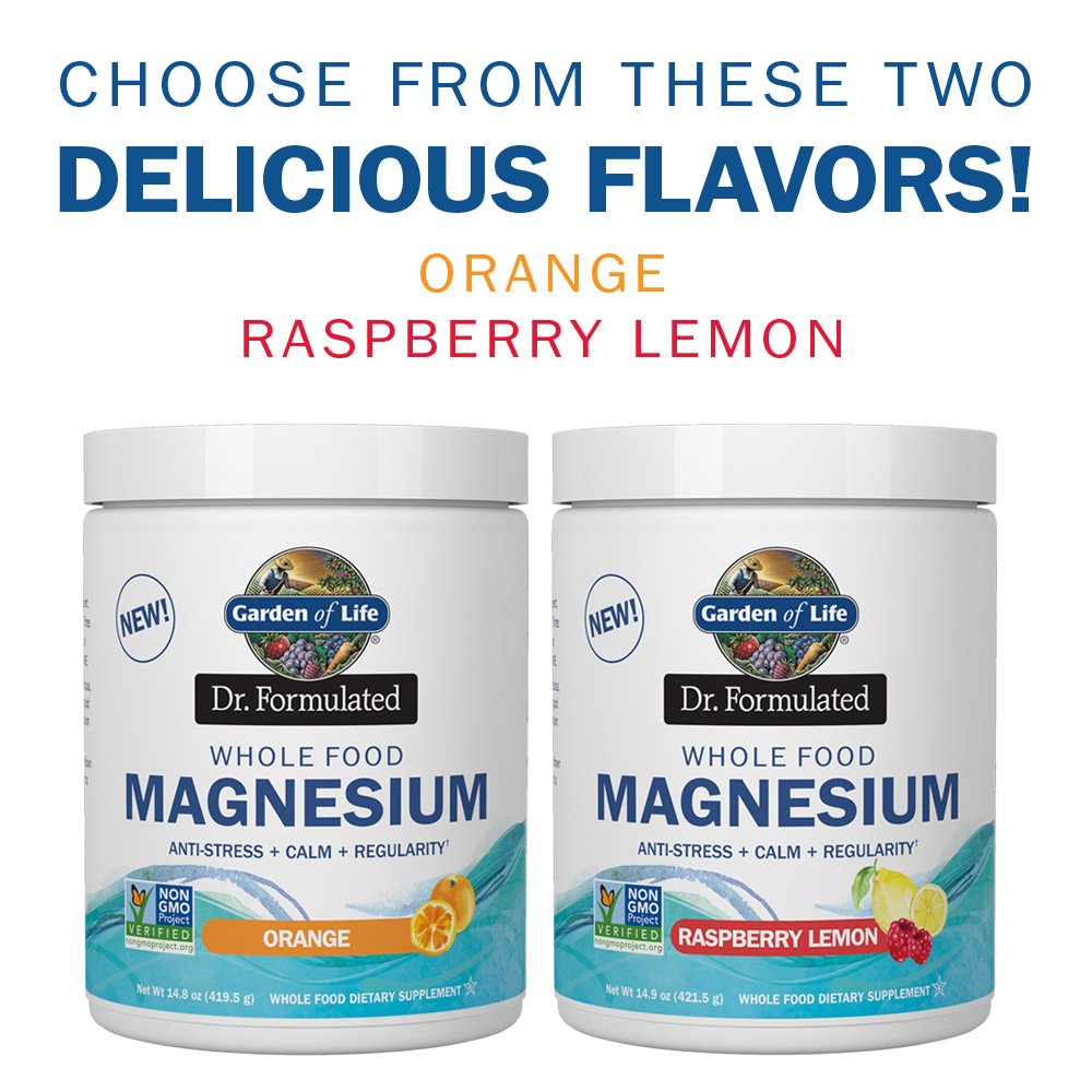 Garden of Life Dr. Formulated Whole Food Magnesium 419.5g Powder - Orange, Chelated, Non-GMO, Vegan, Kosher, Gluten & Sugar Free Supplement with Probiotics - Best for Anti-Stress, Calm & Regularity