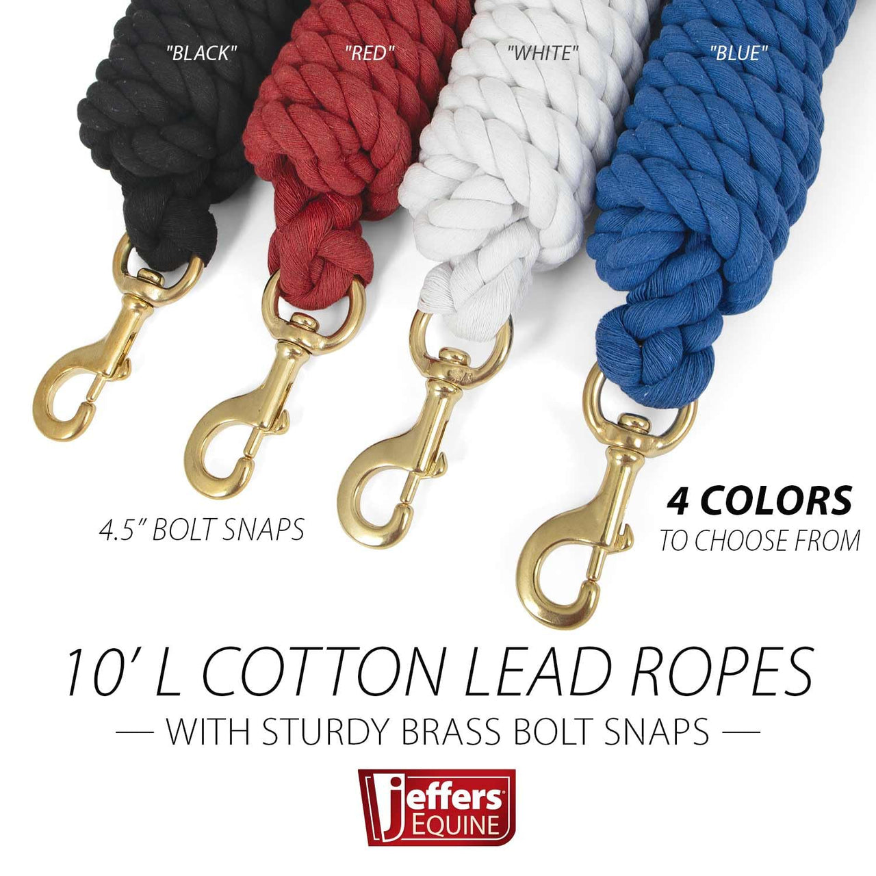 Jeffers Equine Twisted Solid Cotton Horse Lead Rope, 10'L, Black, Lightweight, Rust Resistant Brass Bolt Snap. Ideal for Training & Grooming - Heavy Duty Hardware for Safety & Control