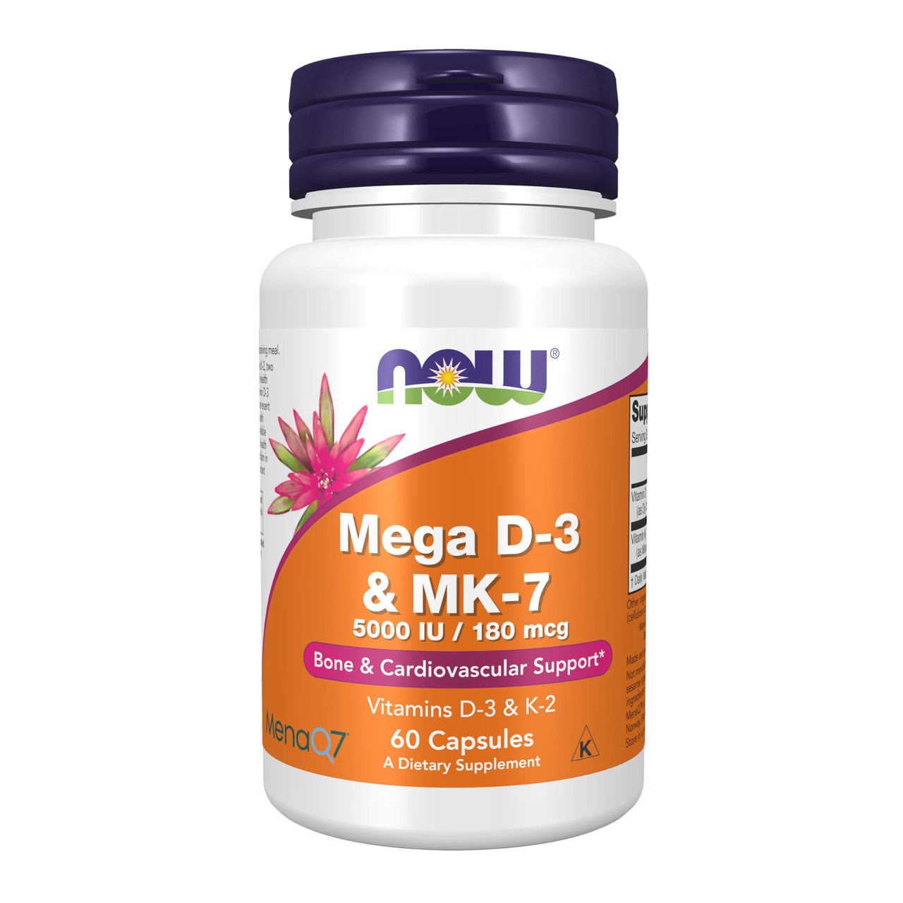 Now Foods Mega D-3 & MK-7 with Vitamins D-3 & K-2, 5,000 IU/180 mcg, Bone & Cardiovascular Support*, 60 Veg Capsules