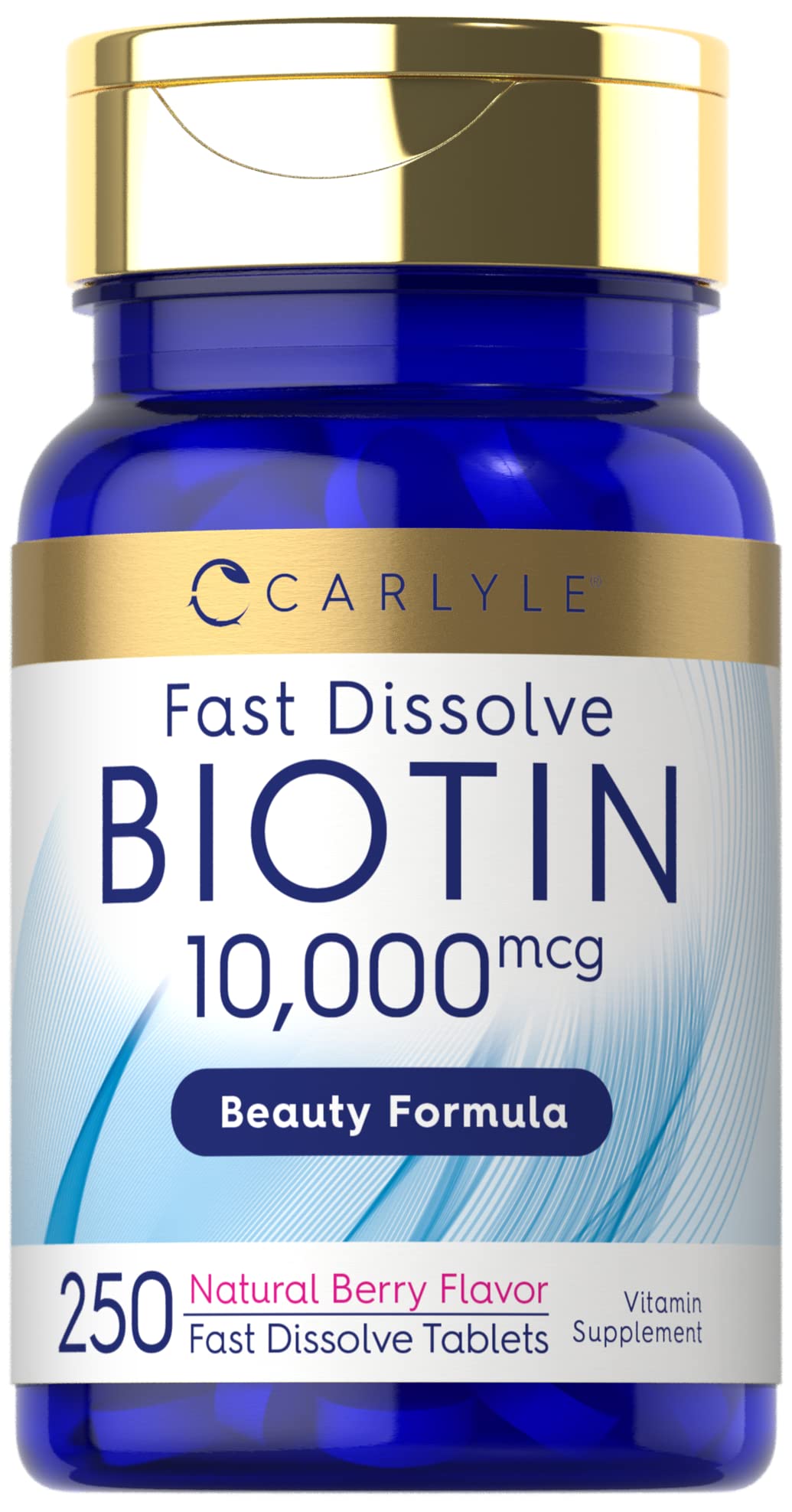 Carlyle Biotin 10000mcg | 250 Fast Dissolve Tablets | Max Strength for Hair, Skin, and Nails | Vegetarian, Non-GMO, Gluten Free Supplement