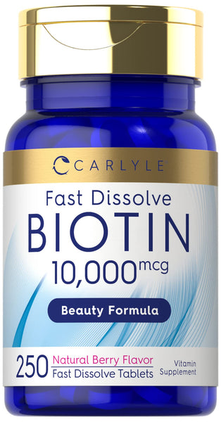 Carlyle Biotin 10000mcg | 250 Fast Dissolve Tablets | Max Strength for Hair, Skin, and Nails | Vegetarian, Non-GMO, Gluten Free Supplement