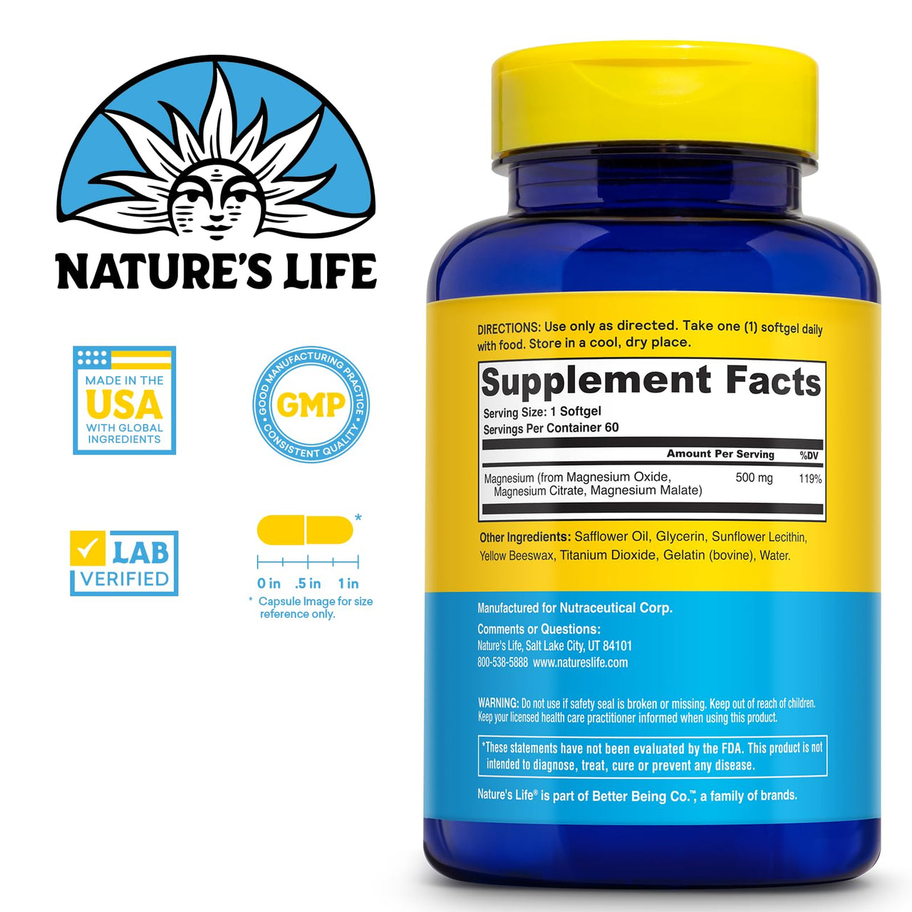 NATURE'S LIFE SoftMag 500 mg - Magnesium Complex - Bone Health, Muscle and Heart Health Support - Easy to Swallow Softgels - 60-Day Guarantee, 60 Servings, 60ct