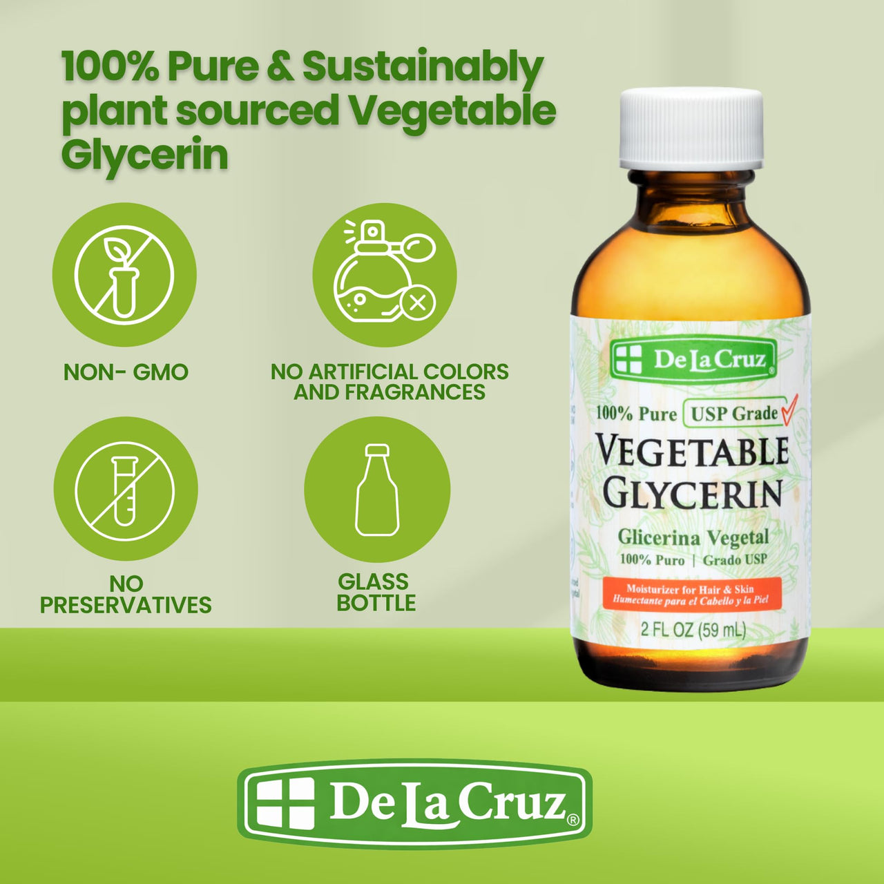 De La Cruz Vegetable Glycerin, Glass Bottle, 100% Pure Liquid Glycerine USP Grade for Hair, Skin and DIY Projects, 2 FL. OZ.