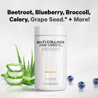 Thumbnail for Codeage Multi Collagen Protein + Organic Raw Greens Superfood Capsules Supplement, 21 Fruits & Veggies, Grass-Fed Hydrolyzed Collagen Peptides, 5 Types All-in-One, 180 Count
