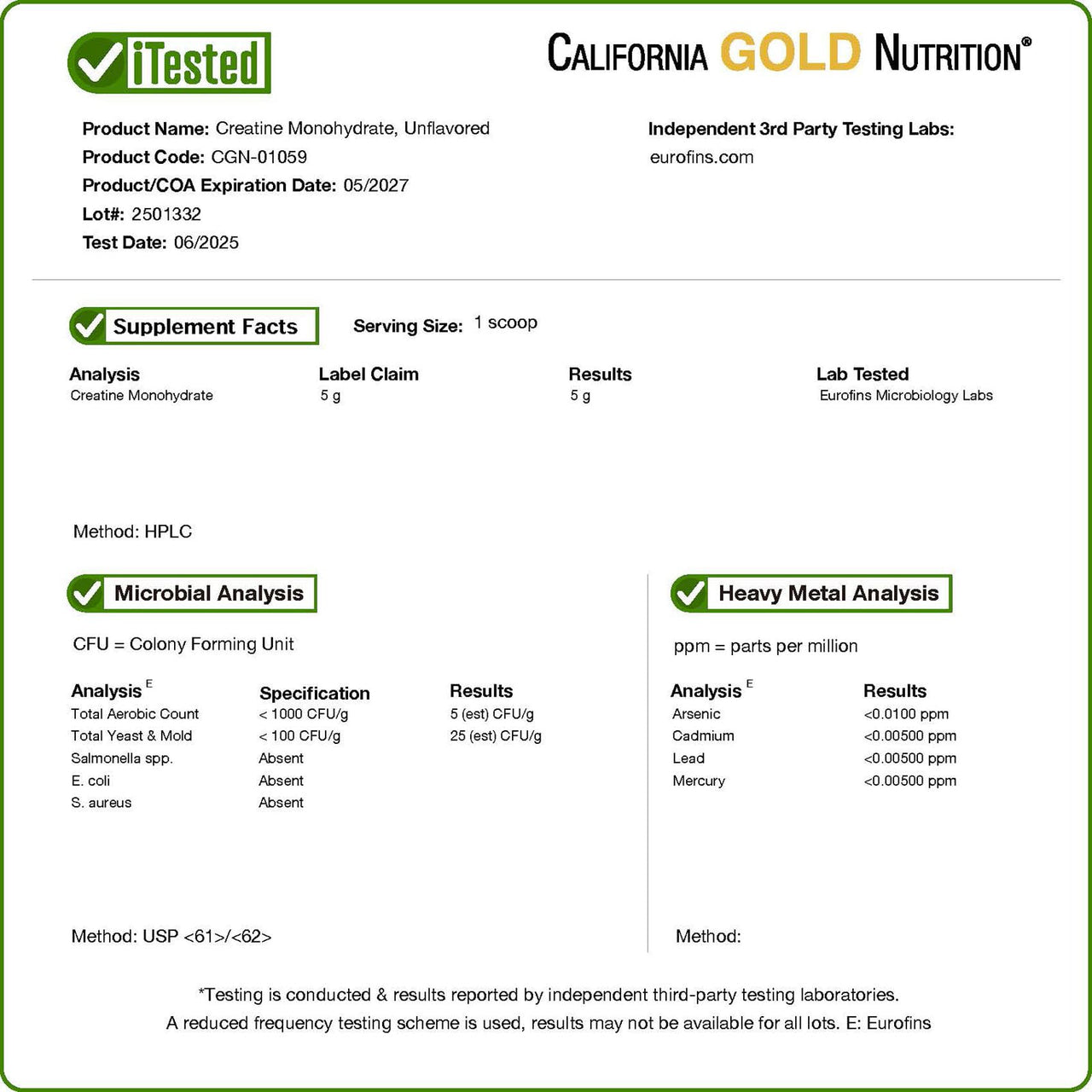 California Gold Nutrition, Creatine Powder, Micronized, Muscle and Strength Support, Creatine Monohydrate, No Gluten, No GMOs, No Soy, Unflavored, 16 oz (454 g)