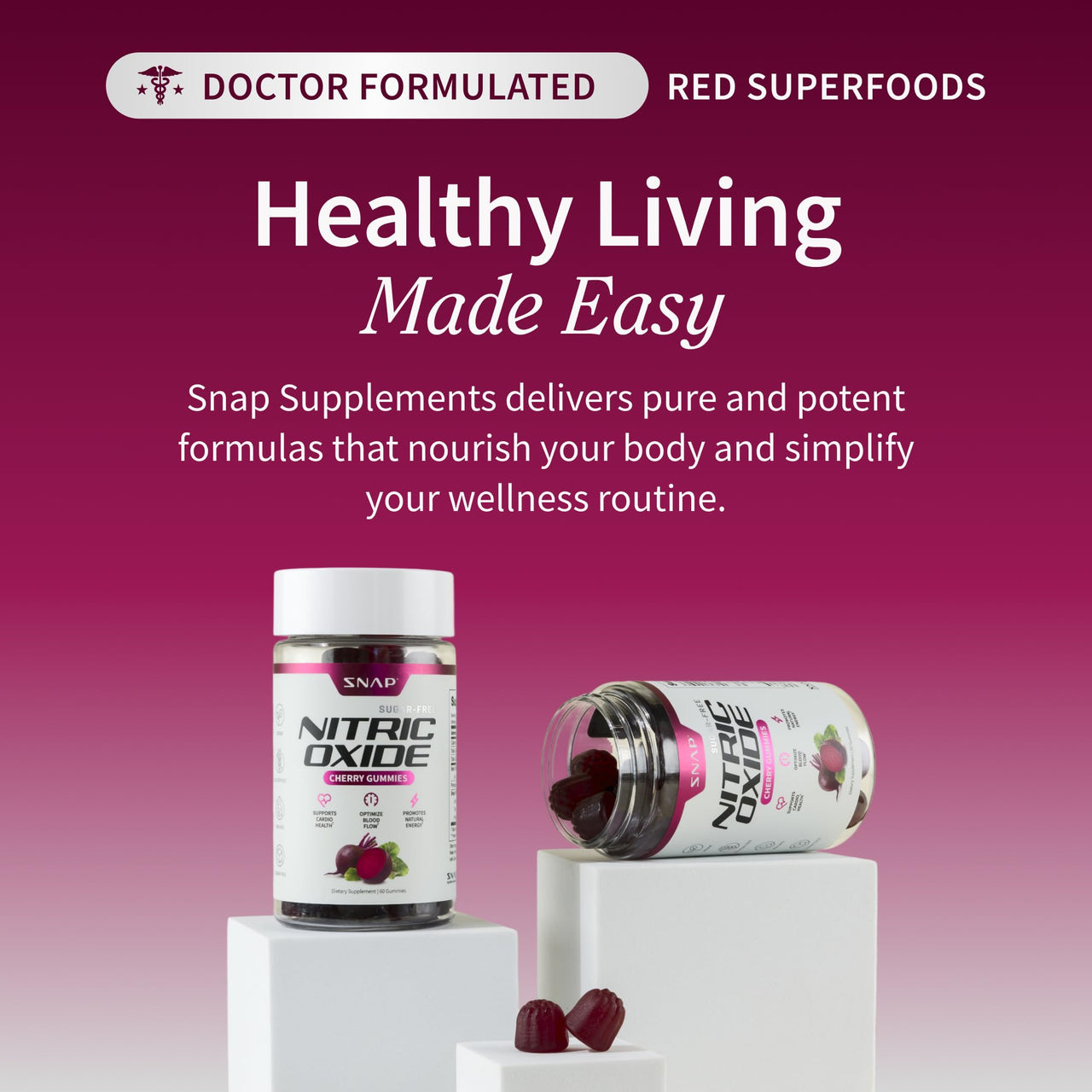 Snap Supplements Nitric Oxide Gummies - Beet Root Extract 300mg, Sugar Free Beetroot Supplement with Pomegranate Powder for Circulation & Natural Energy, 60 Vegan Gummies (2-Pack), Cherry Flavor