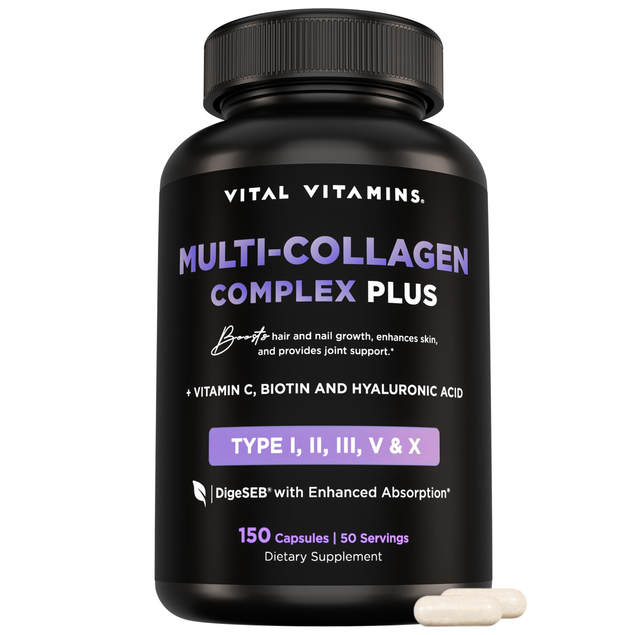 Vital Vitamins Multi Collagen Capsules with Biotin, Hyaluronic Acid, Vitamin C - Type I, II, III, V, X Peptides - Collagen Supplements for Men & Women - Hair, Skin, Nails Beauty Complex - 150 Count