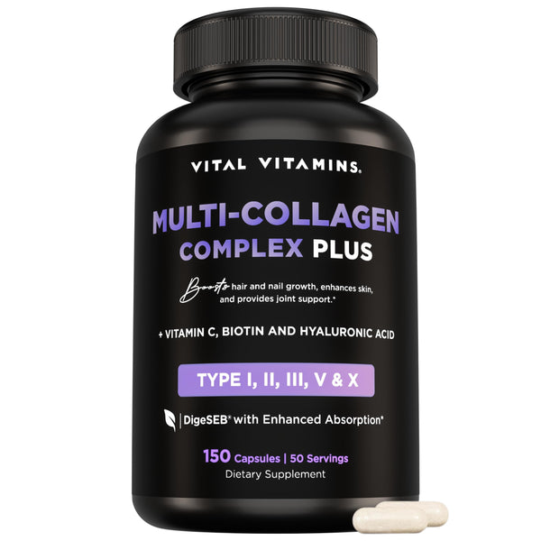 Vital Vitamins Multi Collagen Capsules with Biotin, Hyaluronic Acid, Vitamin C - Type I, II, III, V, X Peptides - Collagen Supplements for Men & Women - Hair, Skin, Nails Beauty Complex - 150 Count