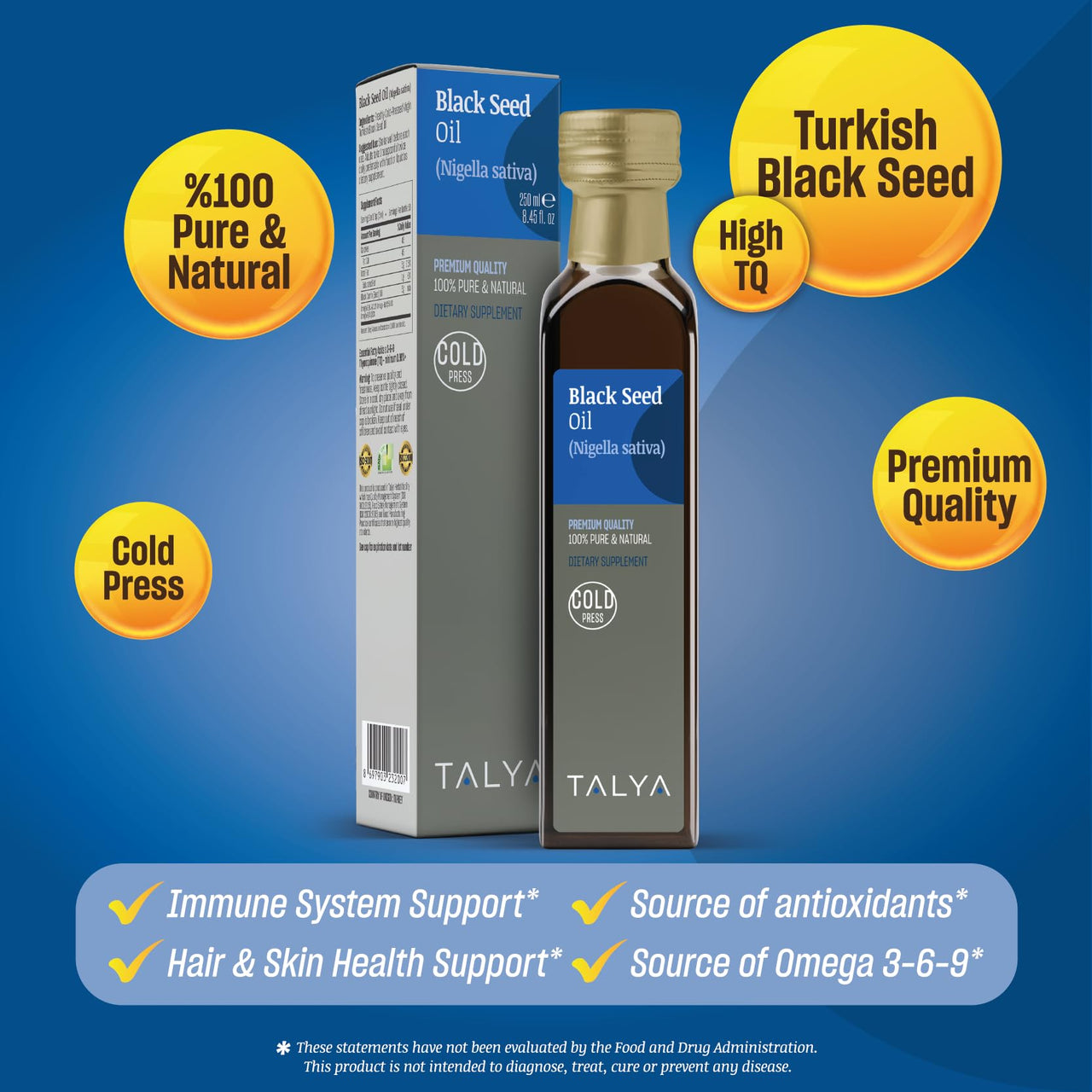 TALYA Black Seed Oil 8.45 fl. oz (250 ml) - Liquid Black Seed Oil - Dietary Supplement - Immune Support - High Thymoquinone - Cold Pressed - Pure Turkish Black Seed Oil - Non-GMO - Glass Bottle