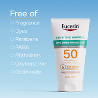 Thumbnail for Eucerin Sun Sensitive Mineral Sunscreen Lotion SPF 50 with Zinc Oxide Protection, Hypoallergenic Sunscreen for Sensitive Skin, Oxybenzone and Octinoxate Free, 4 Fl Oz Tube