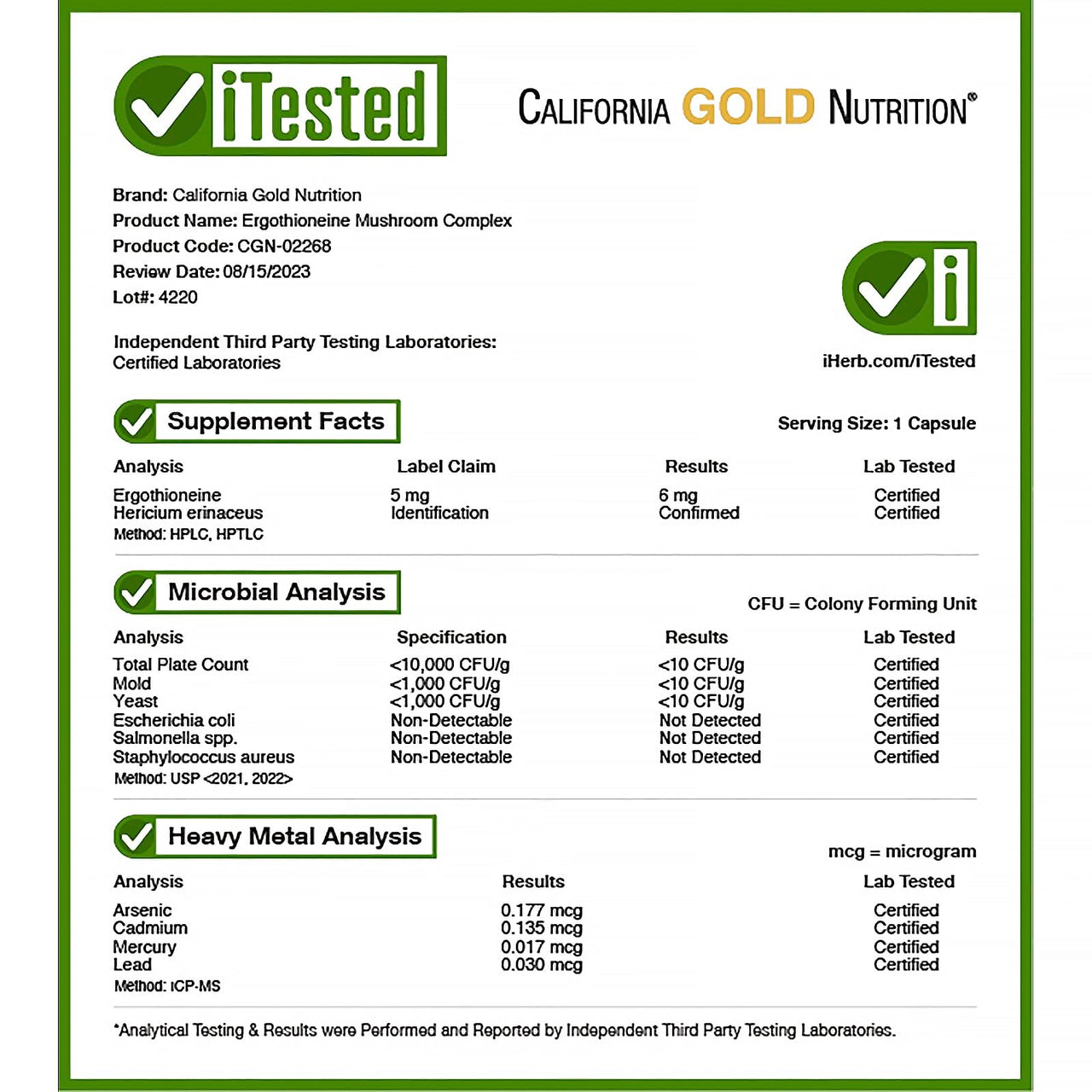 California Gold Nutrition Ergothioneine Mushroom Complex with Organic Maitake, Organic Oyster, Organic Lion's Mane Mushroom Extracts and L-Ergothioneine, 90 Veggie Capsules