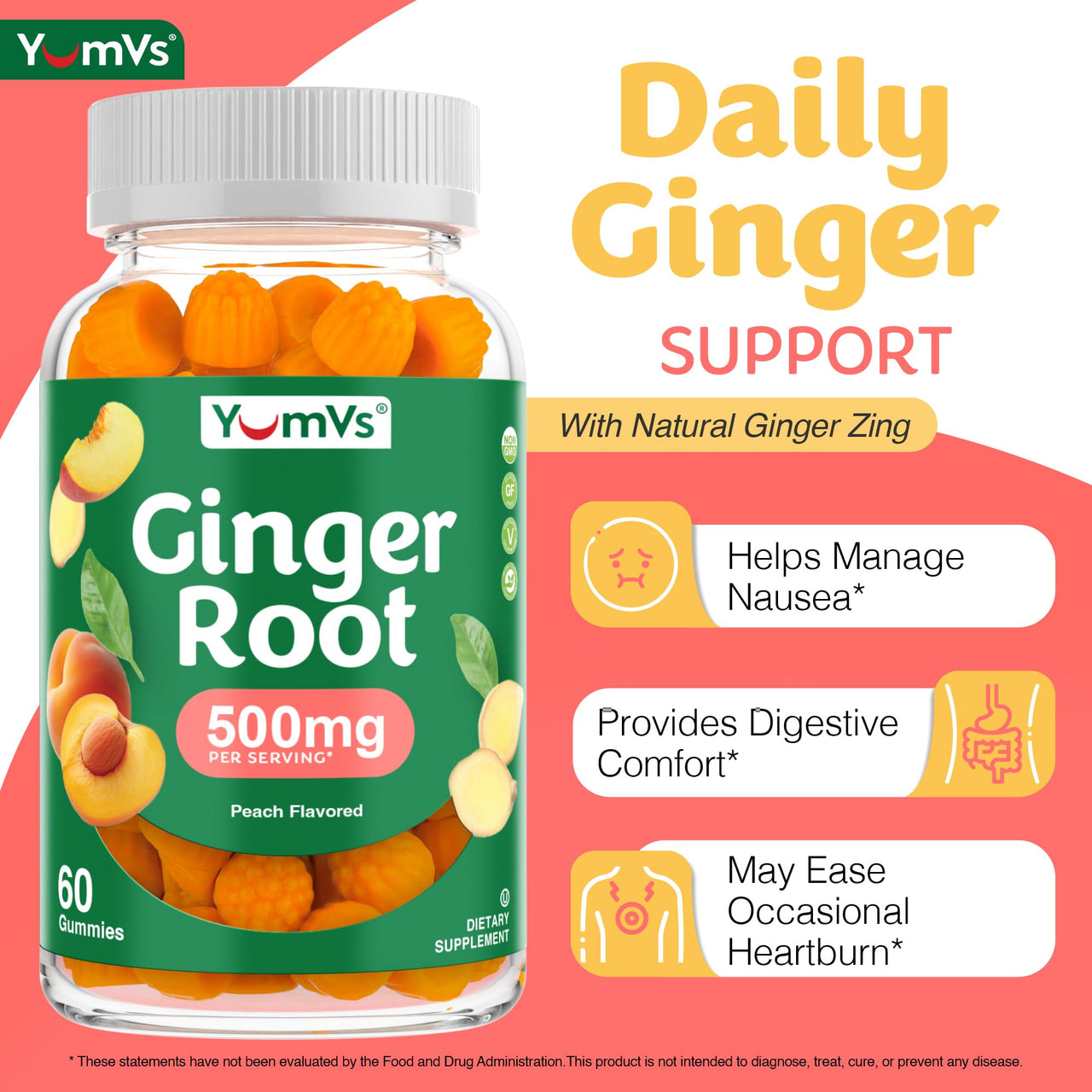 YUM-V'S YumVs Ginger Gummies, 500 mg Ginger Root Extract, Peach Flavor, Nausea Relief, Digestion & Immune Support, Vegan, Non-GMO, Gelatin-Free (60 Count)