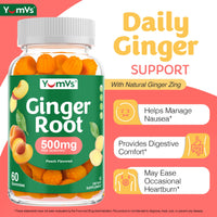 Thumbnail for YUM-V'S YumVs Ginger Gummies, 500 mg Ginger Root Extract, Peach Flavor, Nausea Relief, Digestion & Immune Support, Vegan, Non-GMO, Gelatin-Free (60 Count)