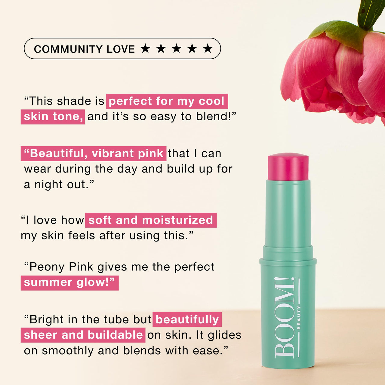 Boomstick Peony Pink ™ - Multistick for Cheeks & Lips - Vegan, Cream Blush Stick & Lipstick - Makeup for Older Women & Mature Skin Boom Stick By Cindy Joseph