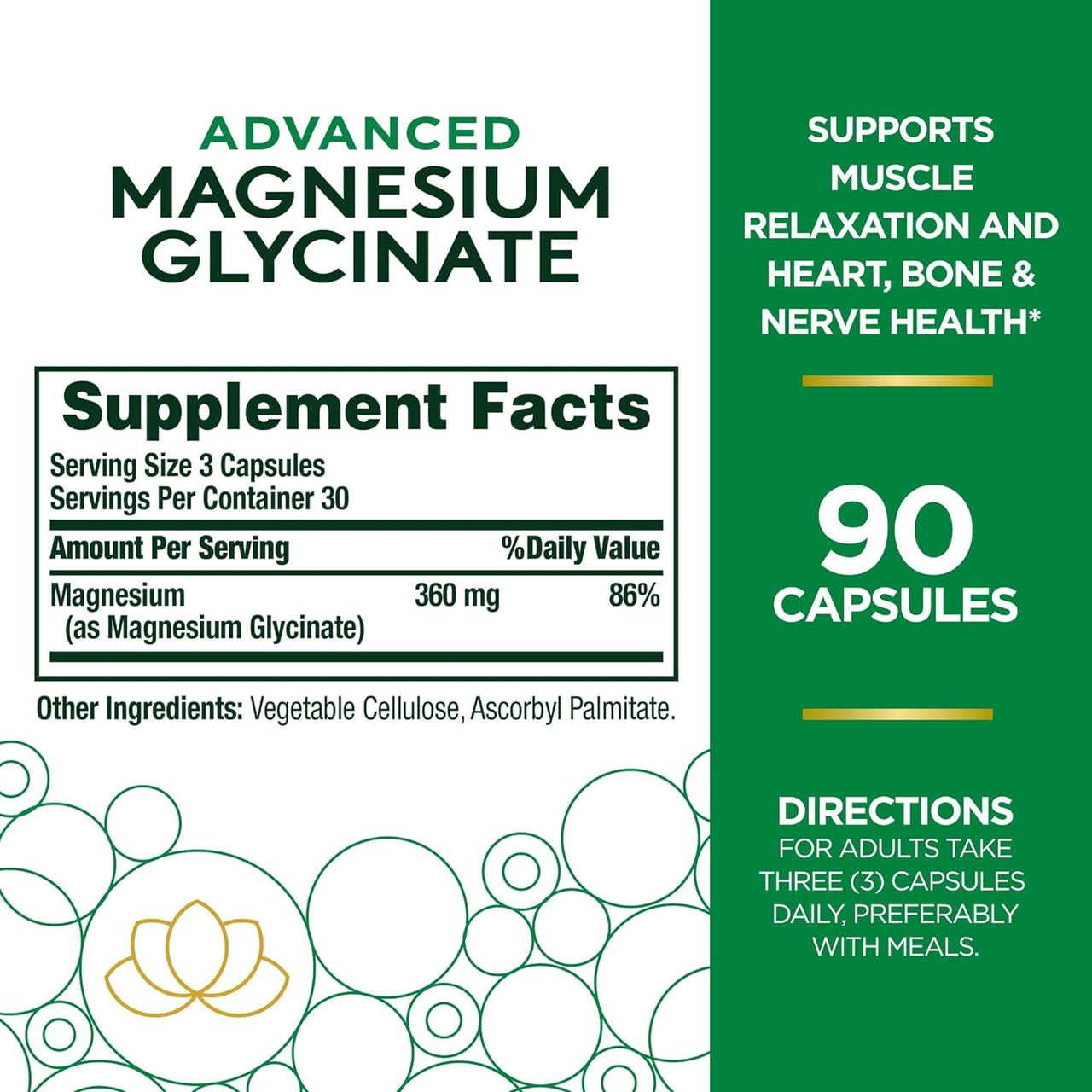 Nature's Bounty High Absorption Magnesium Glycinate, Supports a Calm & Relaxed Mood, Heart, Nerves, Muscle & Bone Health Support, 90 Capsules (Pack of 2)