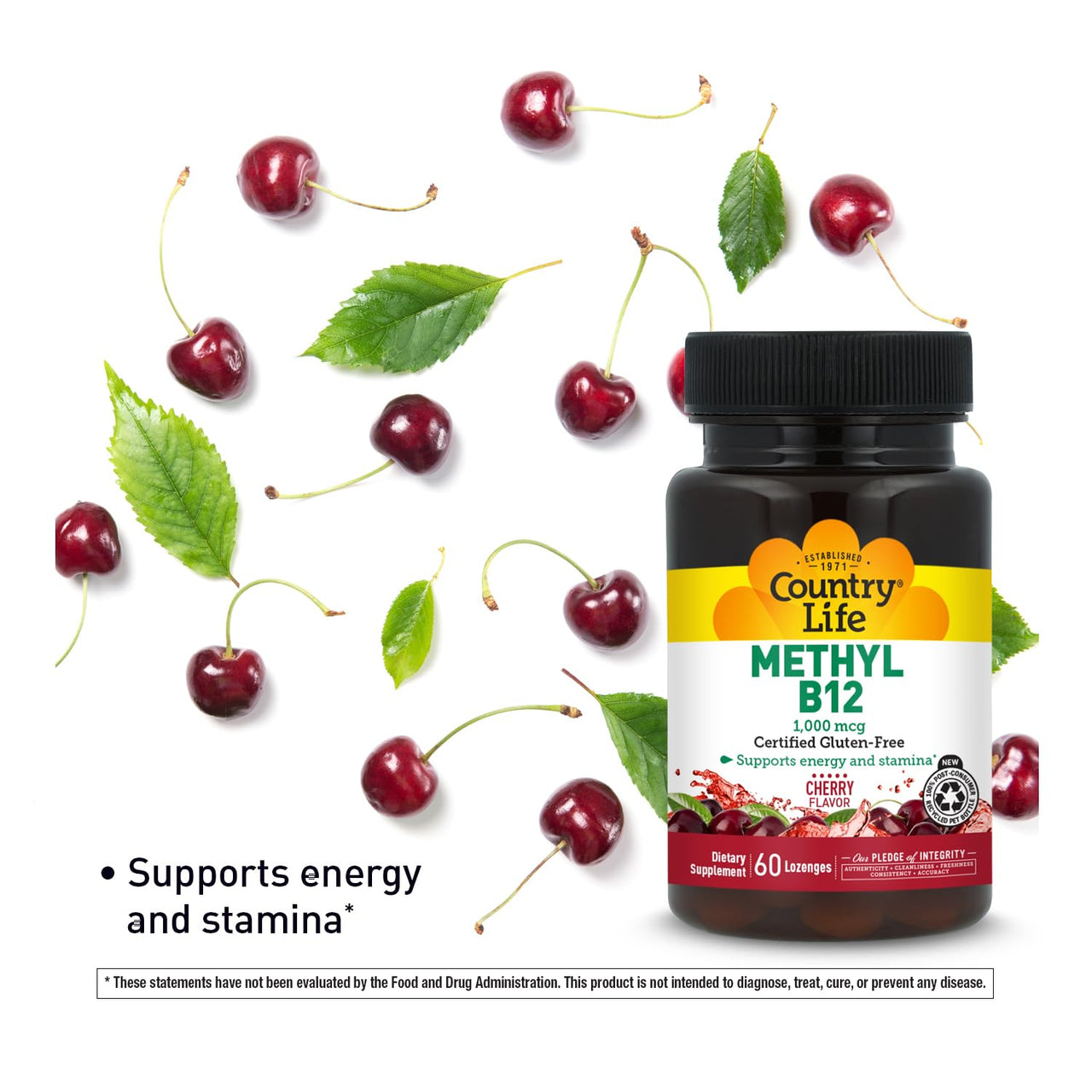 Country Life Methyl B12, Supports Energy & Stamina, 1000mcg, 60 Lozenges, Certified Gluten Free, Certified Vegan