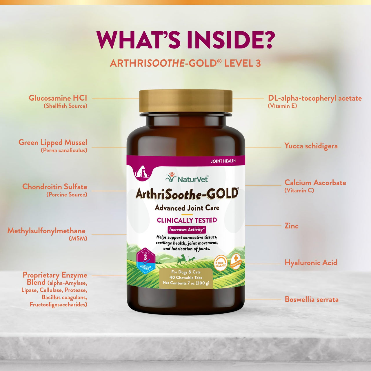 NaturVet ArthriSoothe-Gold Level 3, MSM and Glucosamine for Dogs and Cats, Advanced Joint Care Support Supplement with Chondroitin and Omega 3, Clinically Tested, Chewable Tablets, Made in The USA