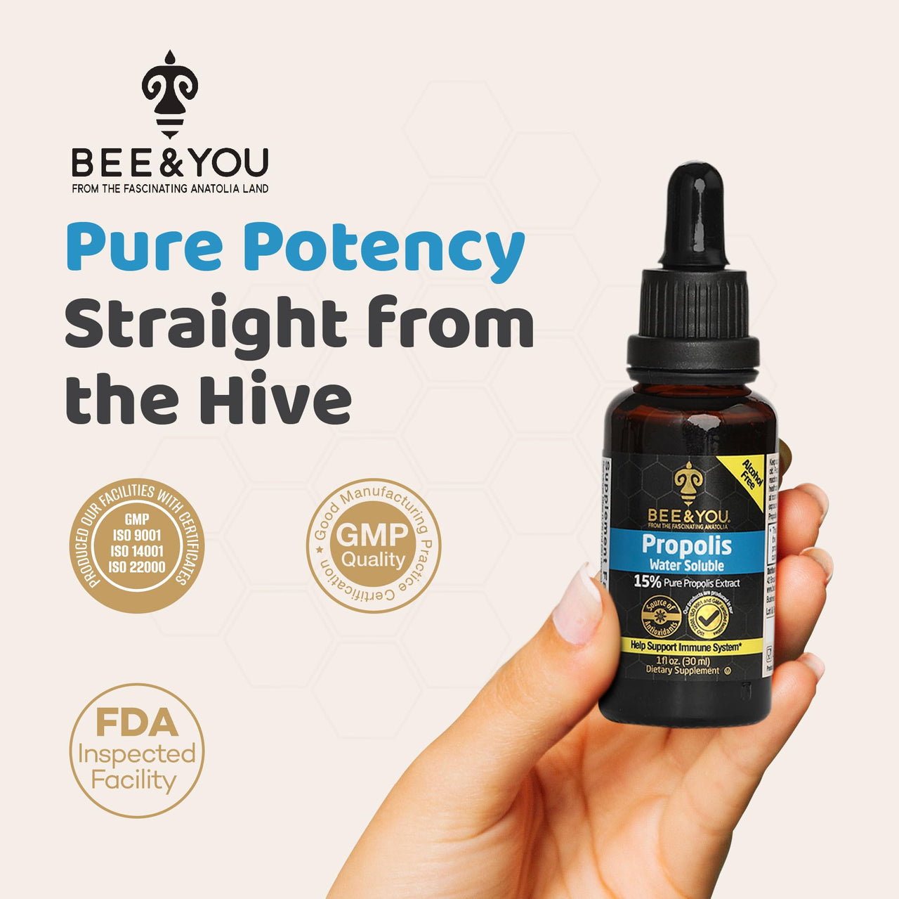 Bee and You Natural Pure Propolis Extract â€“ Water Soluble, Bee Propolis,High Potency, Ultra Pure Immune Support Supplement, Antioxidants, Detox, Gluten-Free, 1 Fl Oz