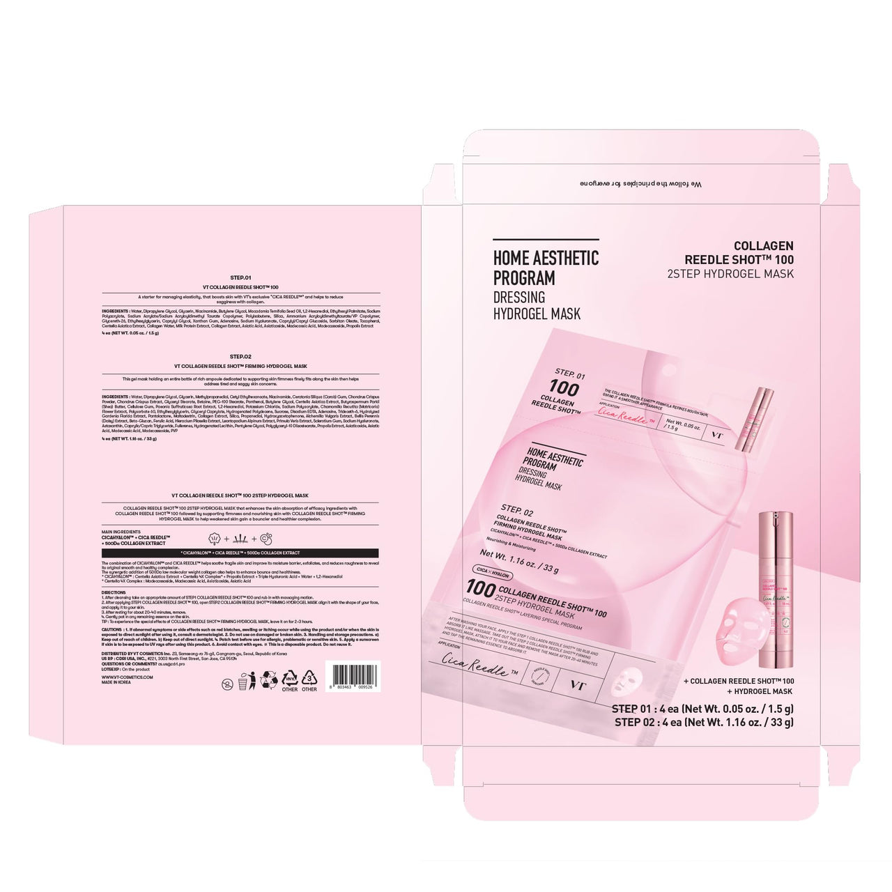 VT COSMETICS Collagen Reedle Shot 100 2-Step Hydrogel Mask (34.5g x 4ea), Firming & Elasticity Care, Exosome 500Da, Fine Lines, Hydrating Overnight Melting Mask, Korean Skincare, Facial Gel Mask