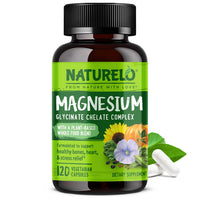 Thumbnail for NATURELO Magnesium Glycinate Chelate Complex - 200 mg Magnesium with Organic Vegetables to Support Sleep, Calm, Muscle Cramp & Stress Relief - Gluten Free, Non GMO - 120 Capsules