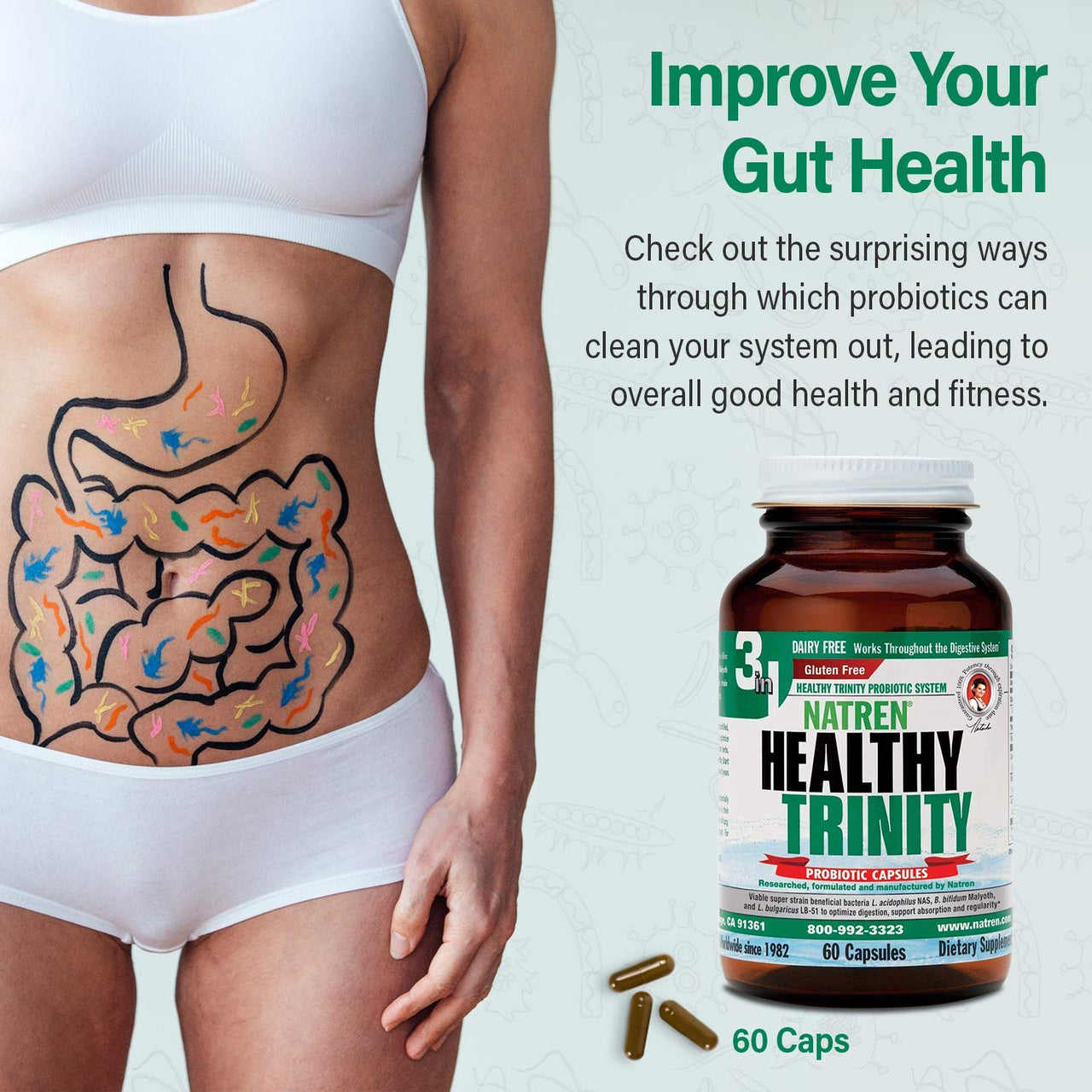 Natren Healthy Trinity Probiotics Supplement - 60 Dairy and Gluten Free Gel Capsules - Improve Gut and Digestive Health, - 30 Billion CFU - Lactobacillus Acidophilus, Bifidobacterium, Bulgaricus