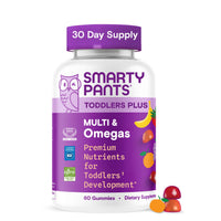 Thumbnail for SmartyPants Toddler Multivitamin Gummies, Omega 3 (DHA/EPA), Vitamins D3, C, Vitamin B12, B6, A, K & Zinc, Biotin, Gluten Free, Three Fruit Flavors, 60 Count (30 Day Supply)