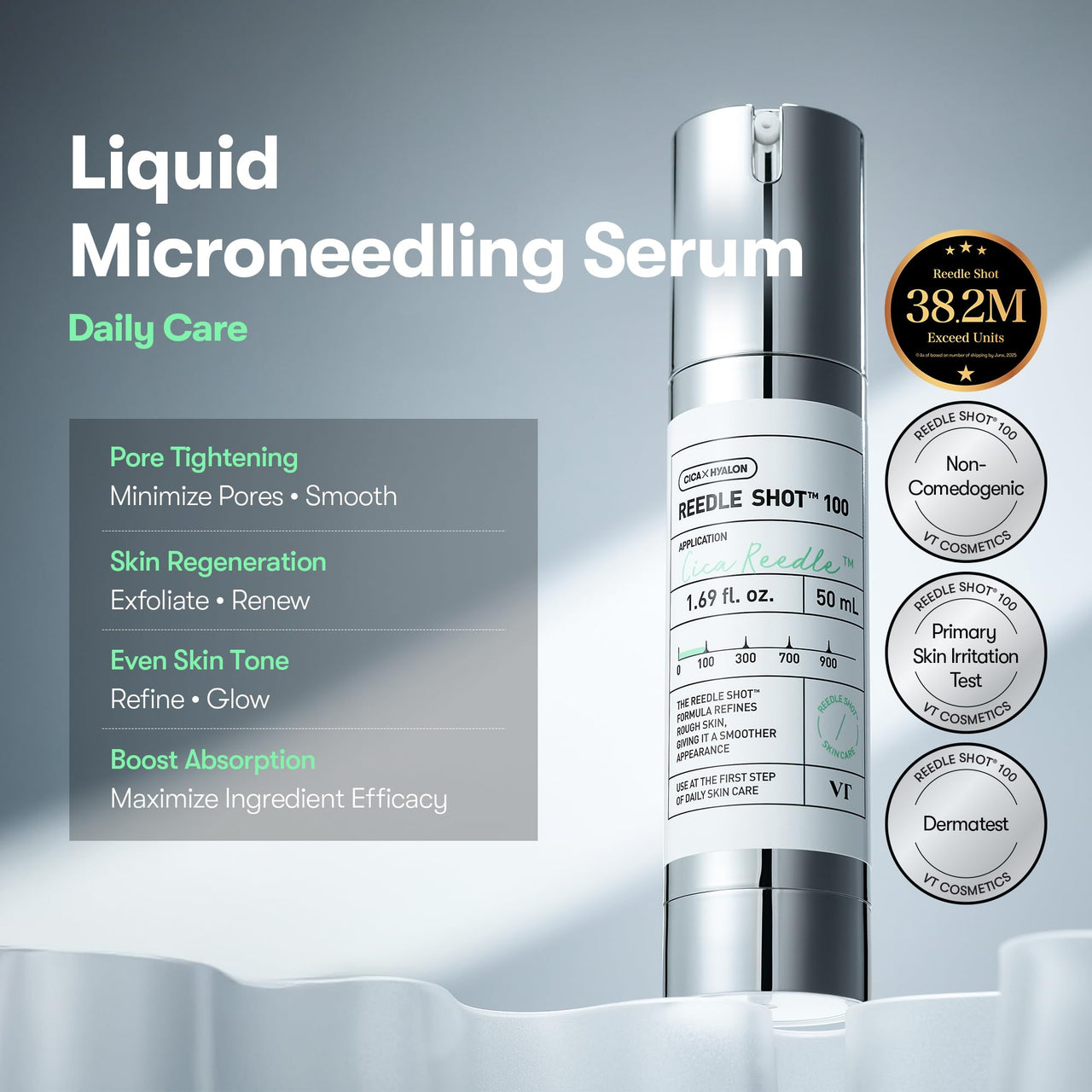 VT COSMETICS CICA Reedle Shot 100, Spicule Microneedling Serum for Pore Care & Exfoliation, Exosome, Centella Asiatica for Glass Skin, Skin Texture, Korean Liquid Skin Booster (1.69 Fl Oz / 50ml)
