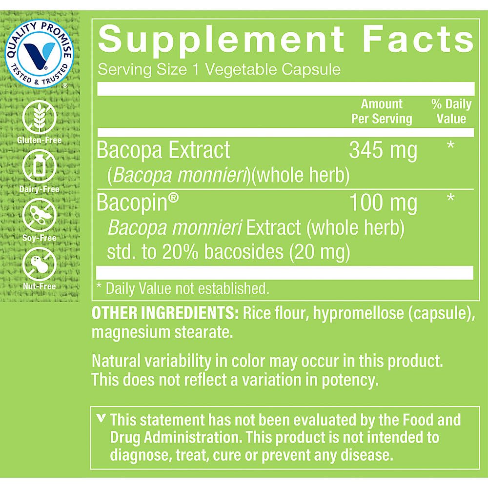 The Vitamin Shoppe Bacopa 500MG (Bacopa Monnieri), Clinically Studied Ingredient, Herbal Brain Support Supplement, Once Daily (100 Capsules)