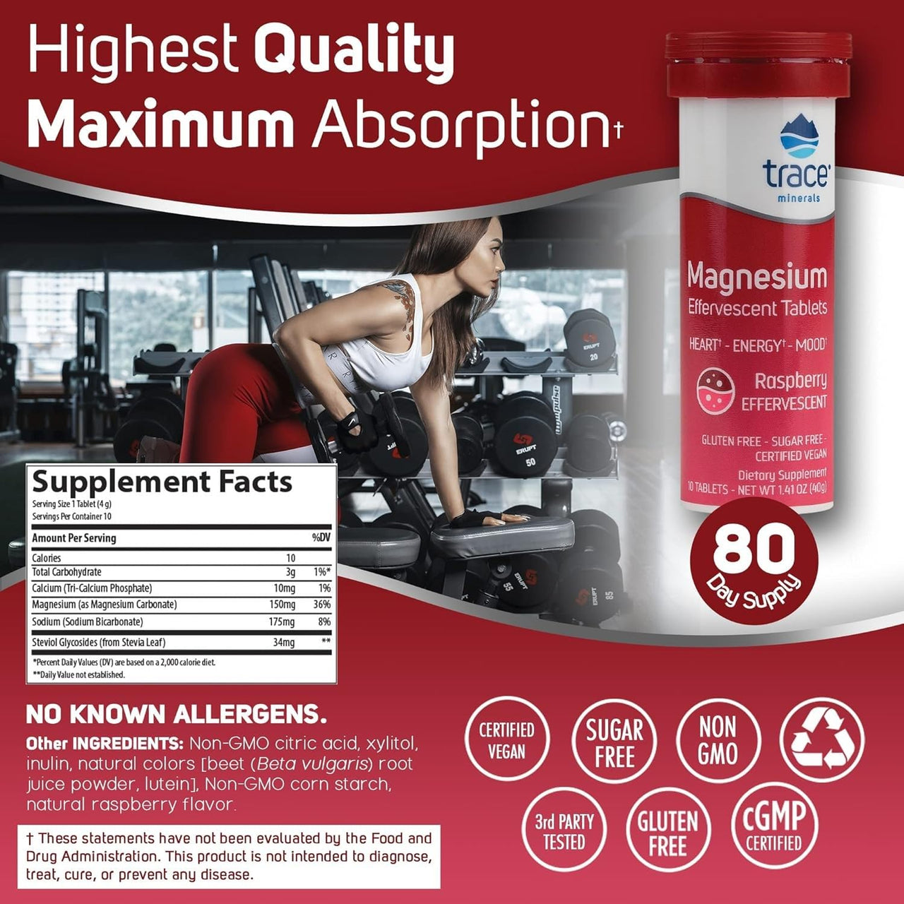 Trace Minerals Magnesium Effervescent - Healthy Heart & Energy Support Supplement - Natural Magnesium Supplement to Aid Healthy Sleep - Gluten-Free Health Supplement - Raspberry, 8 Tubes (80 Servings)