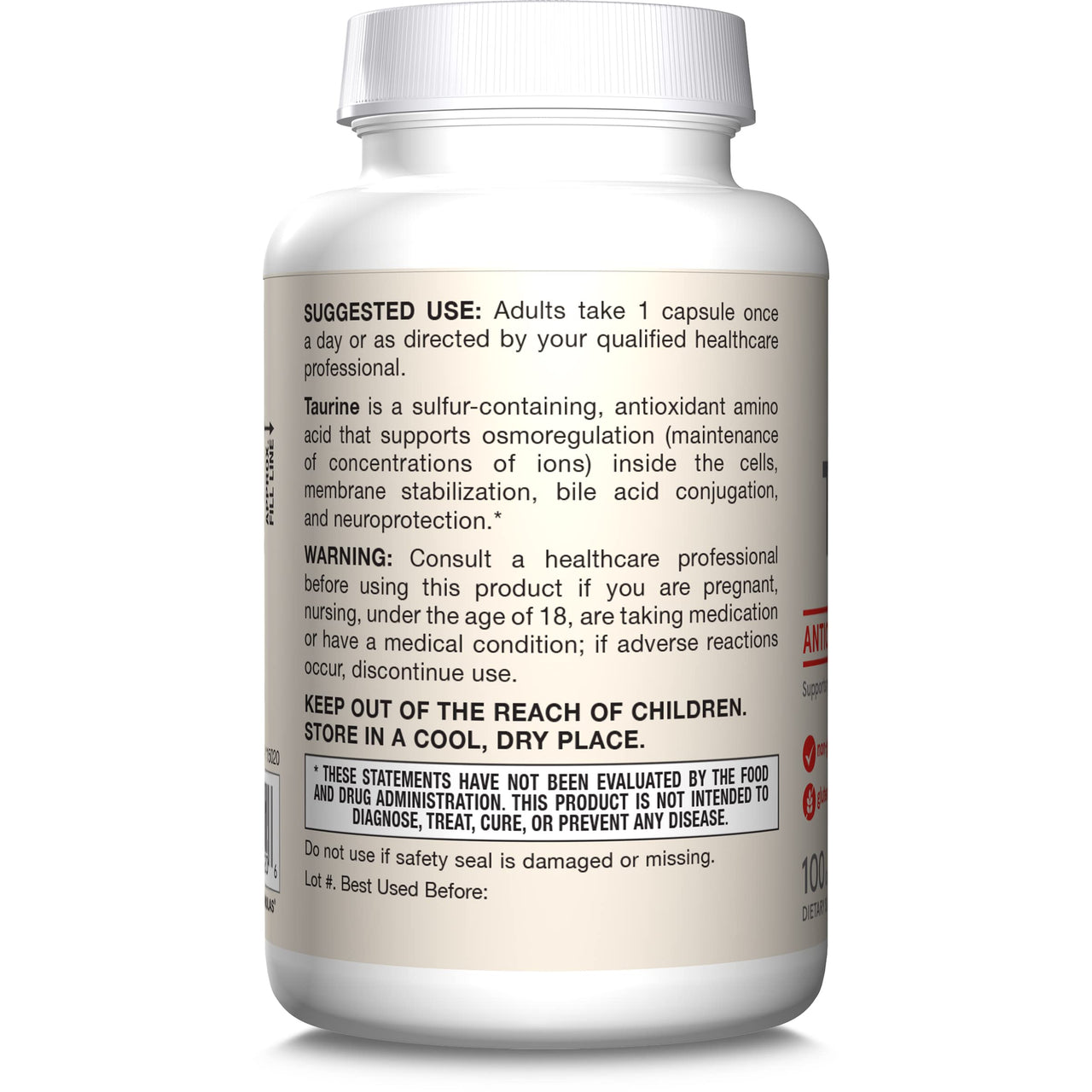 Jarrow Formulas® Taurine 1000 mg, Dietary Supplement, Amino Acid Supplement for Brain Health Support, 100 Capsules, 100 Day Supply