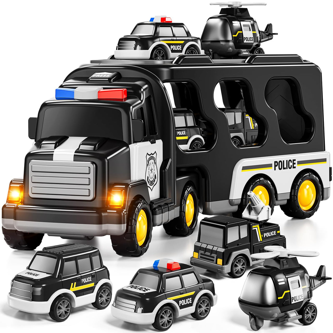 JUKUDAHU Police Truck Toy for 3 4 5 6 Years Old Boys - Carrier Vehicle Toy Set with 3 Small Cars and 1 Helicopter, Kids Firction Powered Car for Age 3-9, Gifts for Boys and Girls